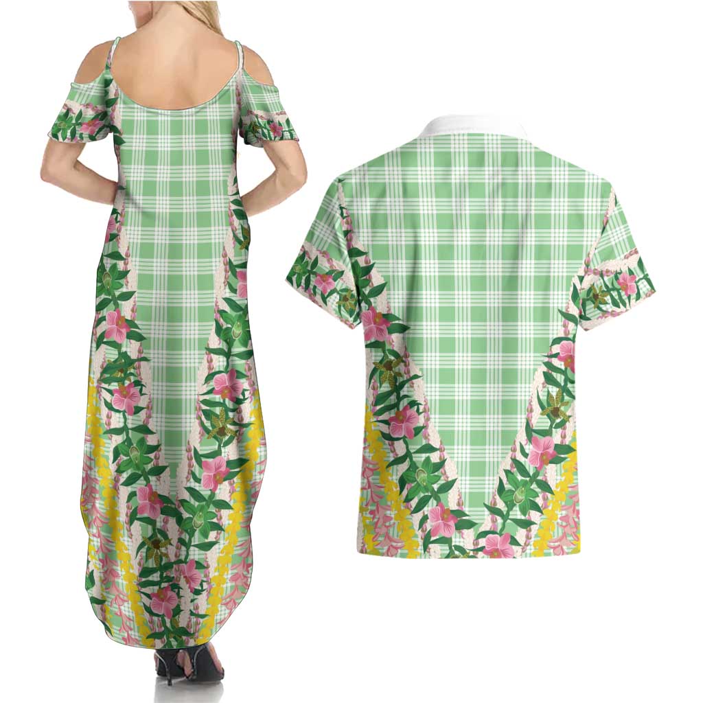 Hawaii Pikake Lokelani Plumeria Lei Couples Matching Summer Maxi Dress and Hawaiian Shirt Green Palaka Motifs LT05 - Polynesian Pride