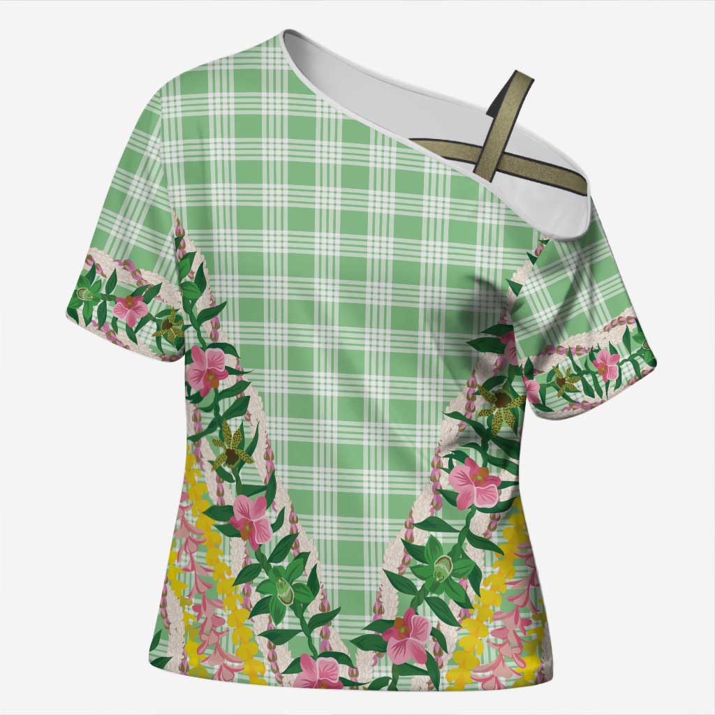 Hawaii Pikake Lokelani Plumeria Lei Cross Shoulder Shirt Green Palaka Motifs