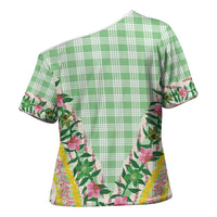 Hawaii Pikake Lokelani Plumeria Lei Cross Shoulder Shirt Green Palaka Motifs LT05 - Polynesian Pride