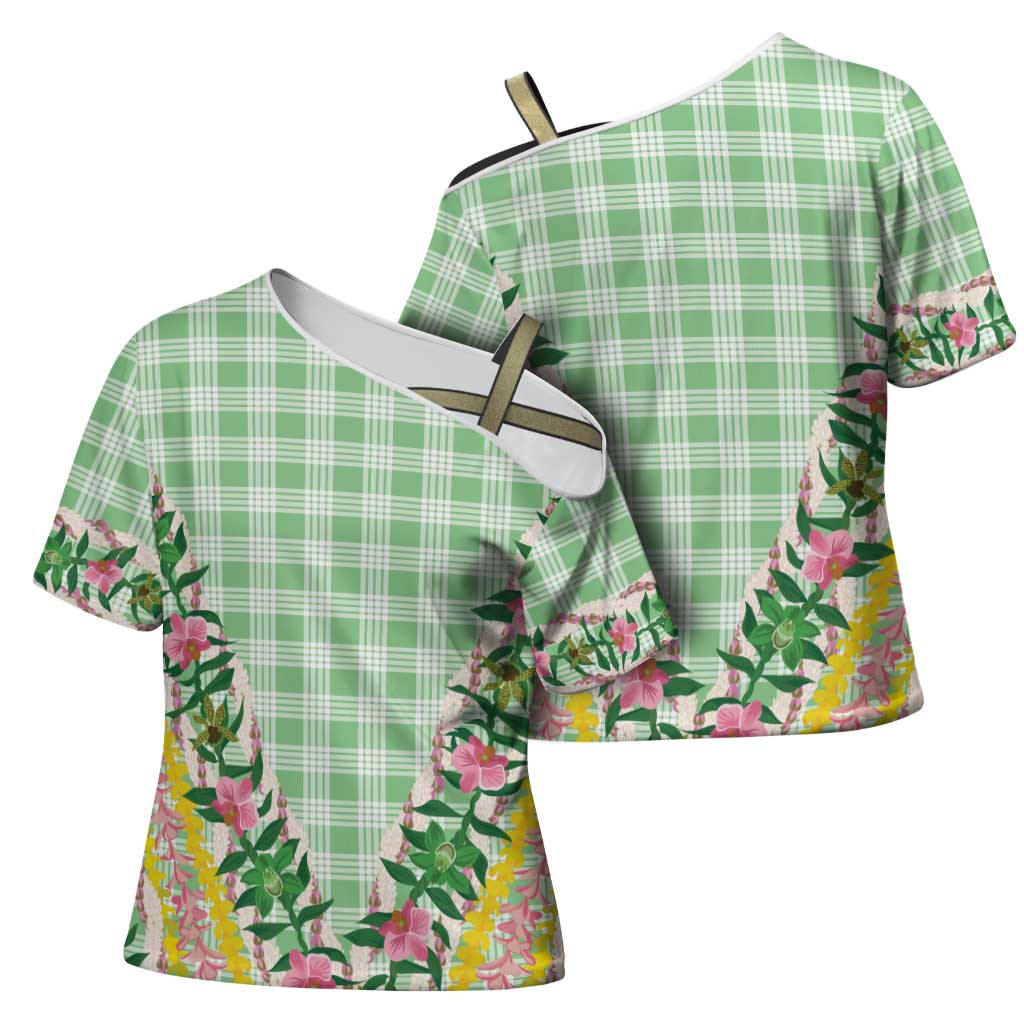 Hawaii Pikake Lokelani Plumeria Lei Cross Shoulder Shirt Green Palaka Motifs LT05 - Polynesian Pride