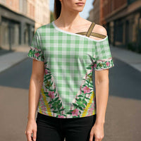 Hawaii Pikake Lokelani Plumeria Lei Cross Shoulder Shirt Green Palaka Motifs LT05 - Polynesian Pride