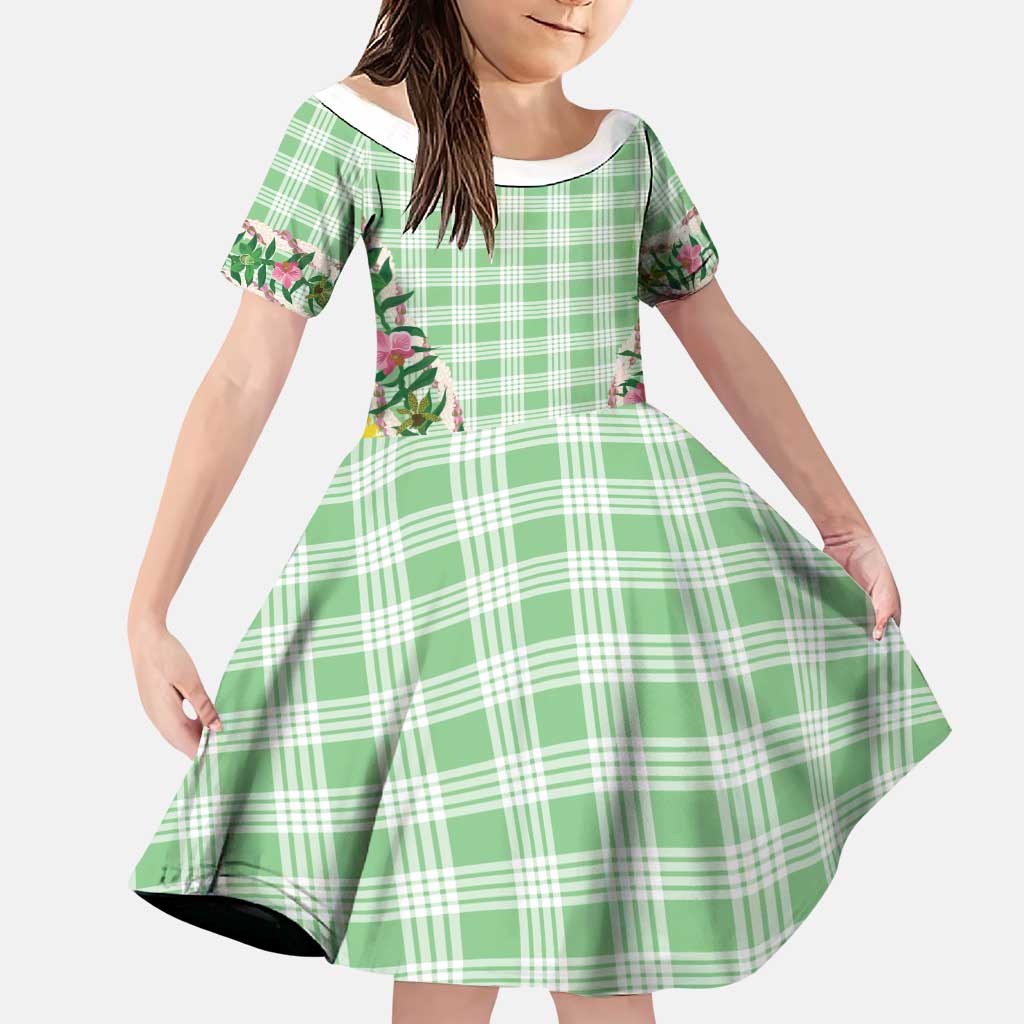 Hawaii Pikake Lokelani Plumeria Lei Family Matching Long Sleeve Bodycon Dress and Hawaiian Shirt Green Palaka Motifs LT05 Daughter's Dress Green - Polynesian Pride