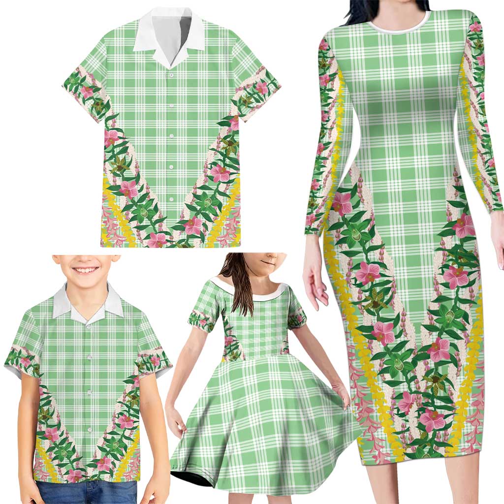 Hawaii Pikake Lokelani Plumeria Lei Family Matching Long Sleeve Bodycon Dress and Hawaiian Shirt Green Palaka Motifs