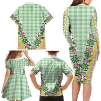 Hawaii Pikake Lokelani Plumeria Lei Family Matching Long Sleeve Bodycon Dress and Hawaiian Shirt Green Palaka Motifs LT05 - Polynesian Pride