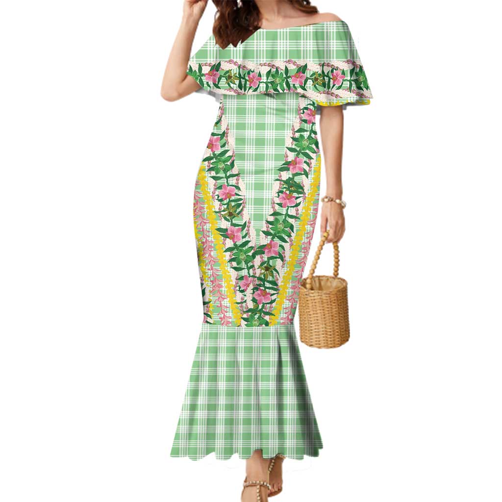 Hawaii Pikake Lokelani Plumeria Lei Family Matching Mermaid Dress and Hawaiian Shirt Green Palaka Motifs LT05 Mom's Dress Green - Polynesian Pride