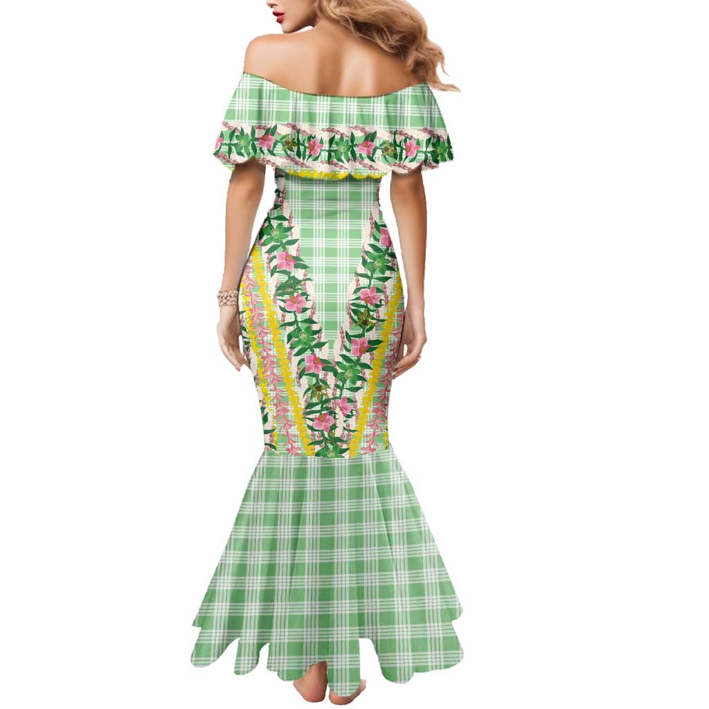 Hawaii Pikake Lokelani Plumeria Lei Family Matching Mermaid Dress and Hawaiian Shirt Green Palaka Motifs LT05 - Polynesian Pride