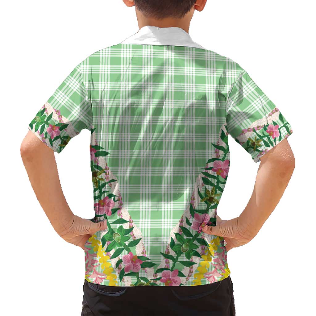 Hawaii Pikake Lokelani Plumeria Lei Family Matching Off The Shoulder Long Sleeve Dress and Hawaiian Shirt Green Palaka Motifs LT05 - Polynesian Pride