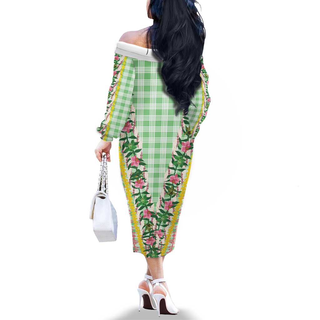 Hawaii Pikake Lokelani Plumeria Lei Family Matching Off The Shoulder Long Sleeve Dress and Hawaiian Shirt Green Palaka Motifs LT05 - Polynesian Pride