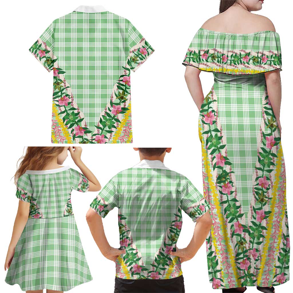 Hawaii Pikake Lokelani Plumeria Lei Family Matching Off Shoulder Maxi Dress and Hawaiian Shirt Green Palaka Motifs LT05 - Polynesian Pride