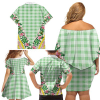 Hawaii Pikake Lokelani Plumeria Lei Family Matching Off Shoulder Short Dress and Hawaiian Shirt Green Palaka Motifs LT05 - Polynesian Pride