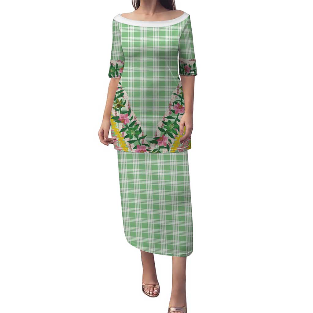 Hawaii Pikake Lokelani Plumeria Lei Family Matching Puletasi and Hawaiian Shirt Green Palaka Motifs LT05 Mom's Dress Green - Polynesian Pride