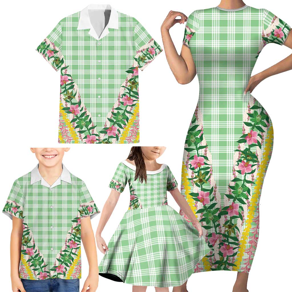 Hawaii Pikake Lokelani Plumeria Lei Family Matching Short Sleeve Bodycon Dress and Hawaiian Shirt Green Palaka Motifs