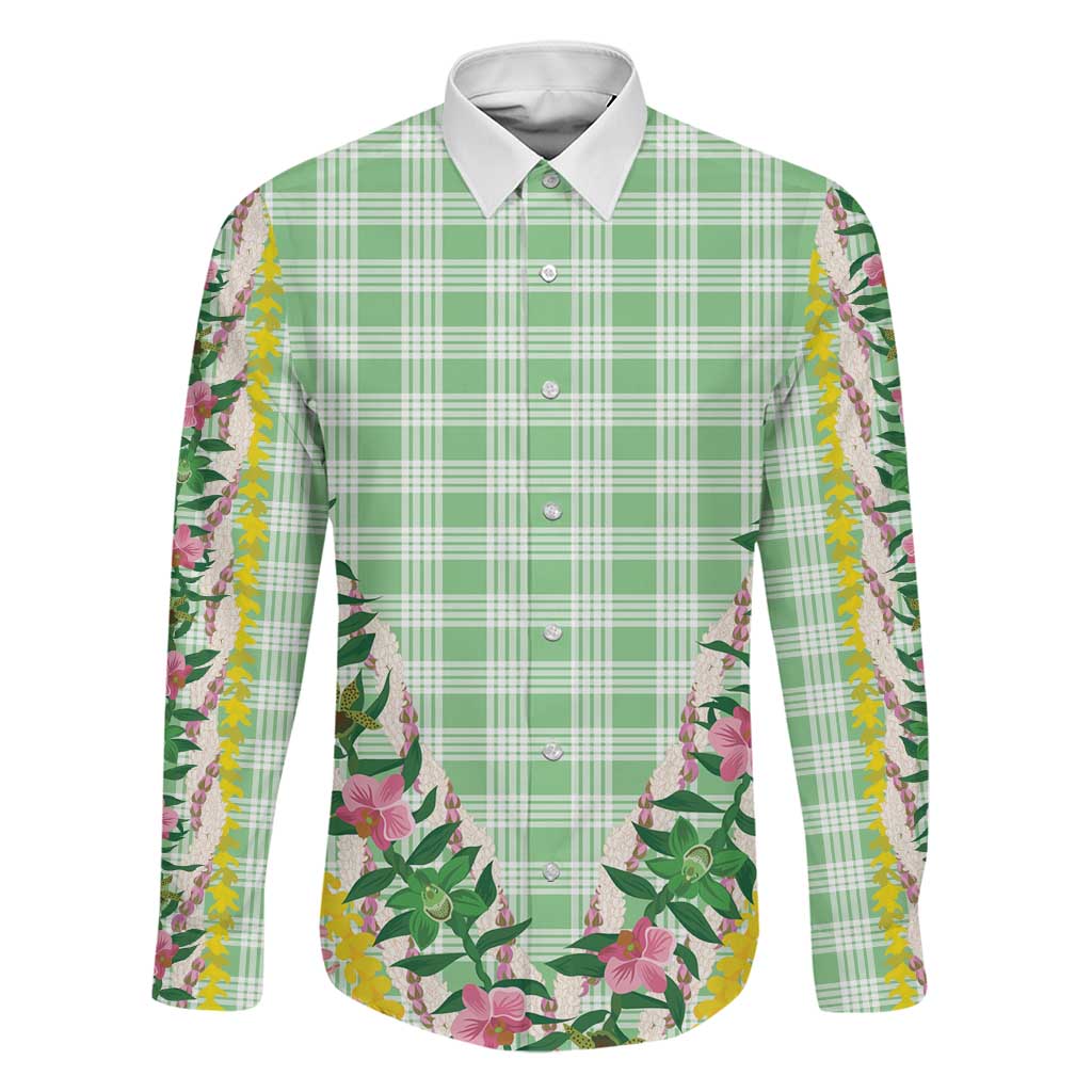 Hawaii Pikake Lokelani Plumeria Lei Family Matching Summer Maxi Dress and Hawaiian Shirt Green Palaka Motifs LT05 Dad's Shirt - Long Sleeve Green - Polynesian Pride