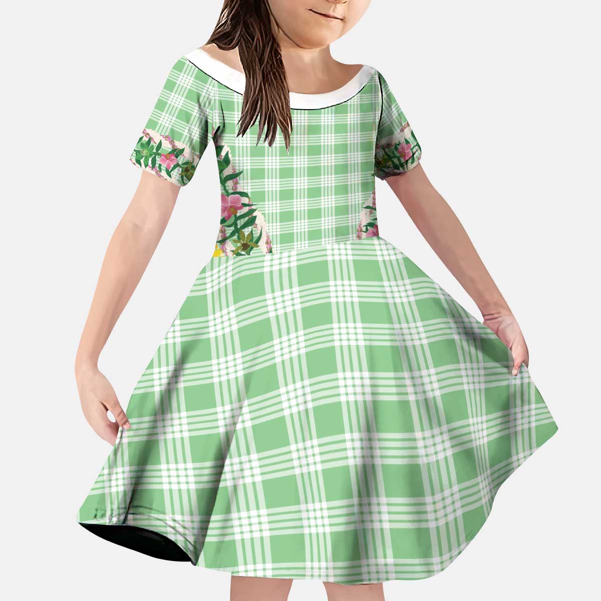 Hawaii Pikake Lokelani Plumeria Lei Kid Short Sleeve Dress Green Palaka Motifs LT05 KID Green - Polynesian Pride