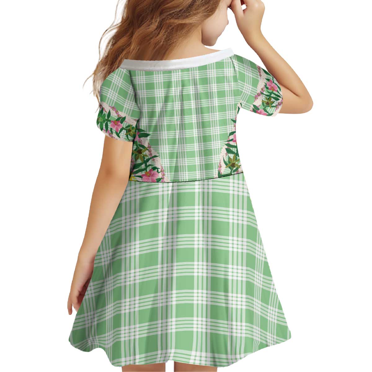 Hawaii Pikake Lokelani Plumeria Lei Kid Short Sleeve Dress Green Palaka Motifs LT05 - Polynesian Pride
