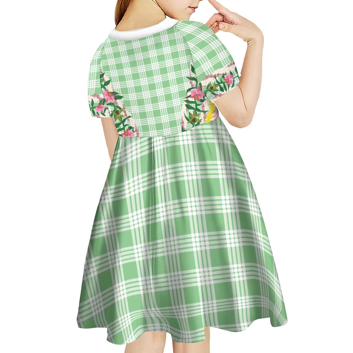 Hawaii Pikake Lokelani Plumeria Lei Kid Short Sleeve Dress Green Palaka Motifs LT05 - Polynesian Pride