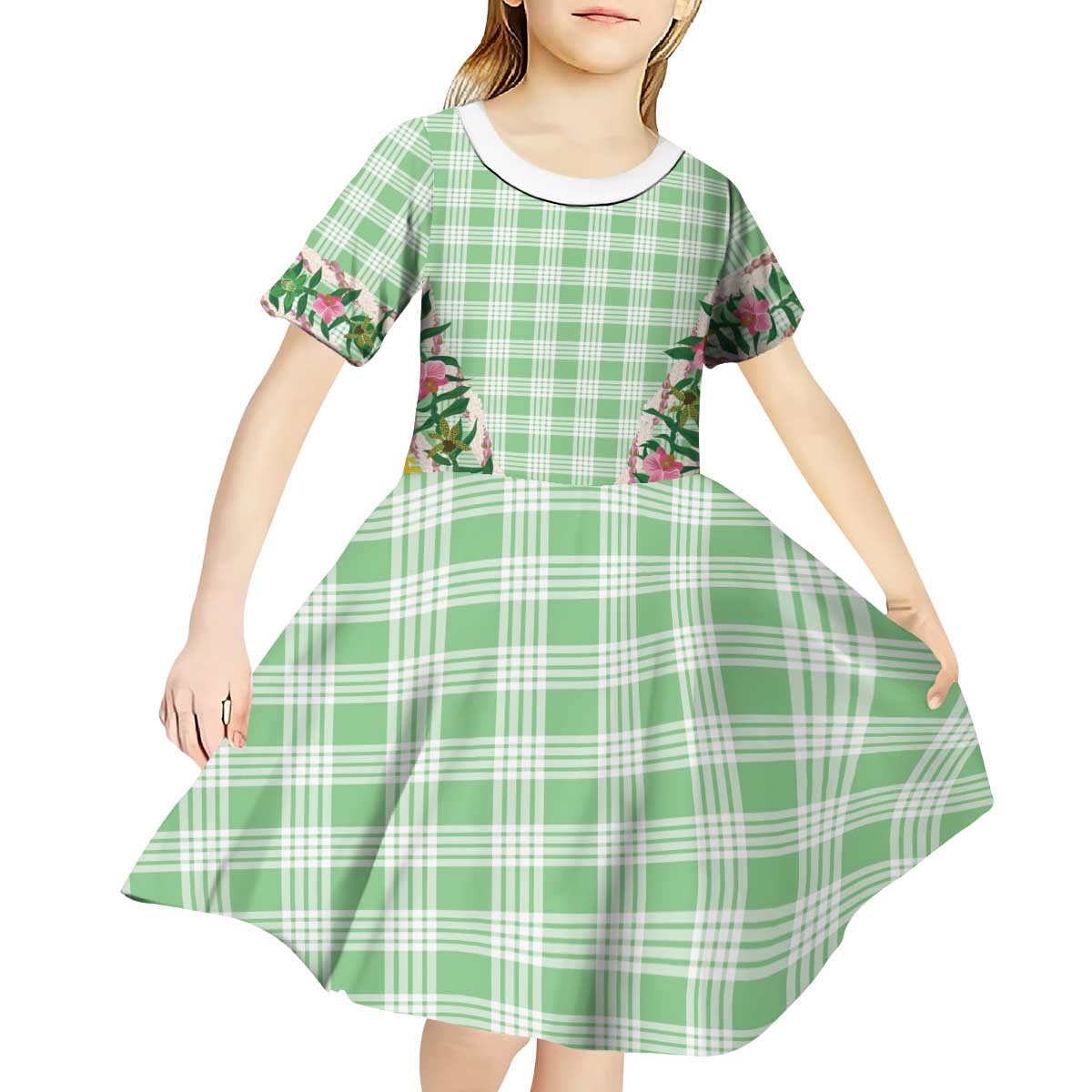 Hawaii Pikake Lokelani Plumeria Lei Kid Short Sleeve Dress Green Palaka Motifs LT05 - Polynesian Pride