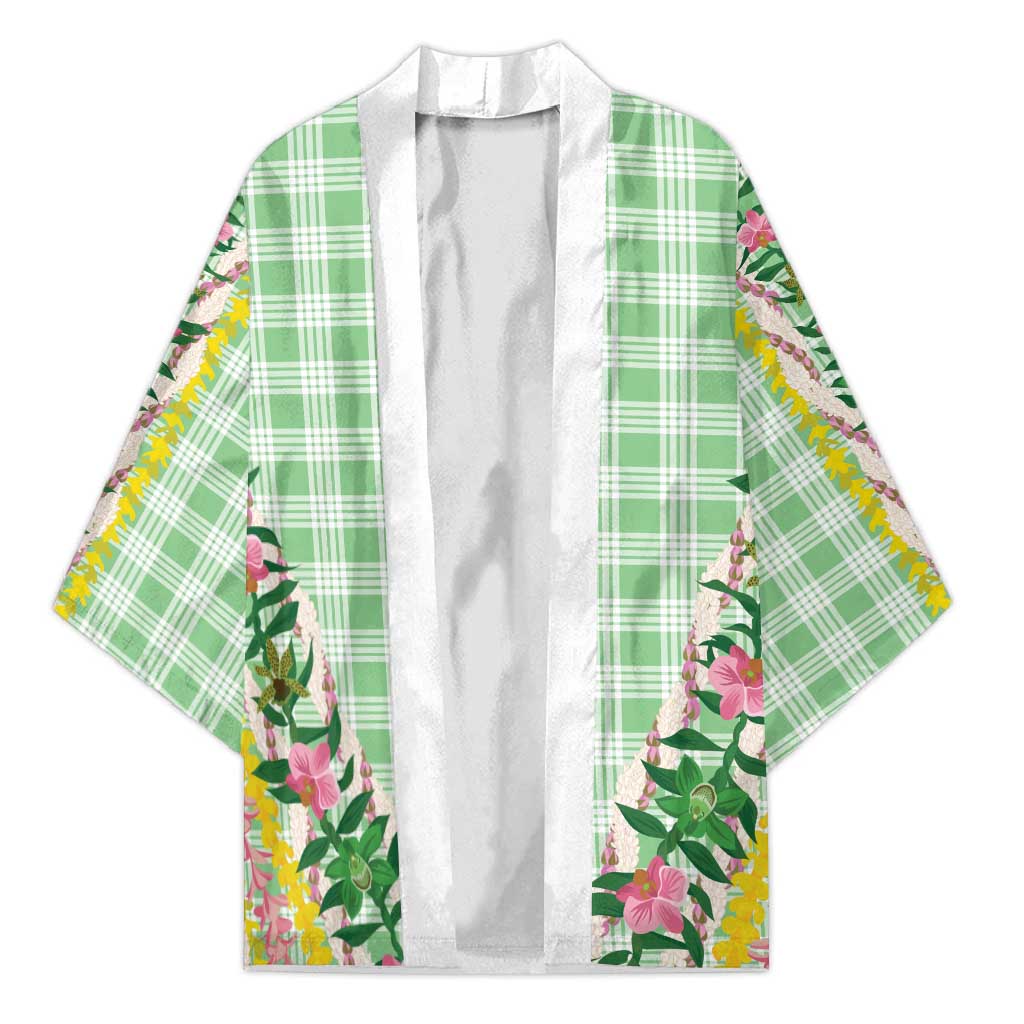 Hawaii Pikake Lokelani Plumeria Lei Kimono Green Palaka Motifs LT05 Unisex Green - Polynesian Pride
