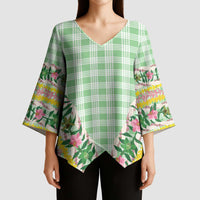 Hawaii Pikake Lokelani Plumeria Lei Kimono Sleeve Blouse Green Palaka Motifs