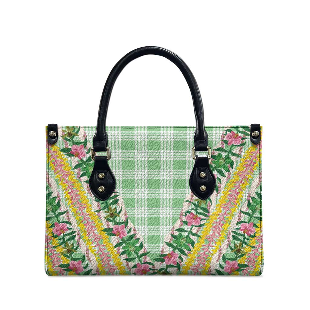 Hawaii Pikake Lokelani Plumeria Lei Leather Bag Green Palaka Motifs