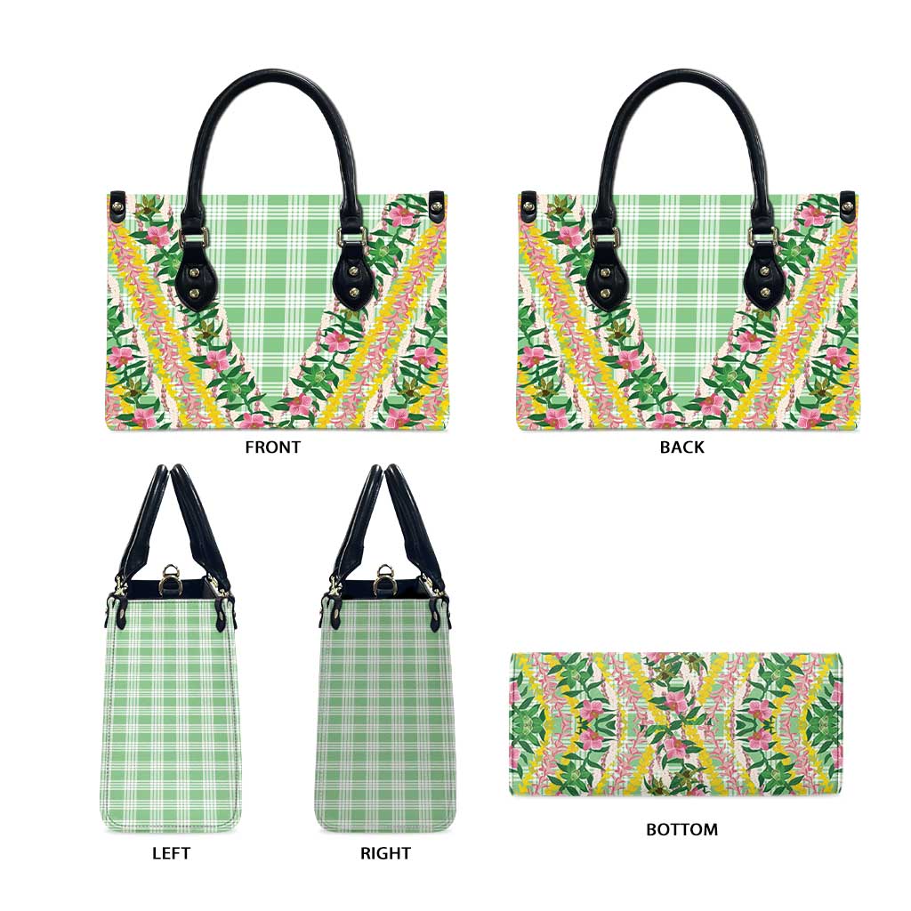 Hawaii Pikake Lokelani Plumeria Lei Leather Bag Green Palaka Motifs