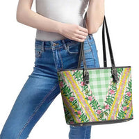 Hawaii Pikake Lokelani Plumeria Lei Leather Tote Bag Green Palaka Motifs