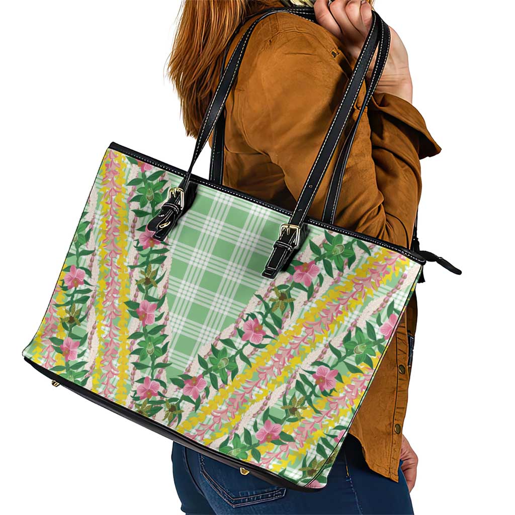 Hawaii Pikake Lokelani Plumeria Lei Leather Tote Bag Green Palaka Motifs