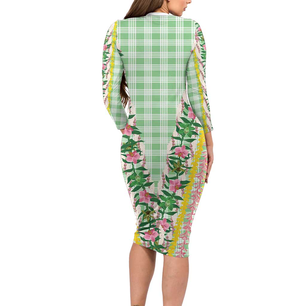 Hawaii Pikake Lokelani Plumeria Lei Long Sleeve Bodycon Dress Green Palaka Motifs LT05 - Polynesian Pride