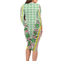 Hawaii Pikake Lokelani Plumeria Lei Long Sleeve Bodycon Dress Green Palaka Motifs LT05 - Polynesian Pride