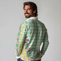 Hawaii Pikake Lokelani Plumeria Lei Long Sleeve Polo Shirt Green Palaka Motifs LT05 - Polynesian Pride