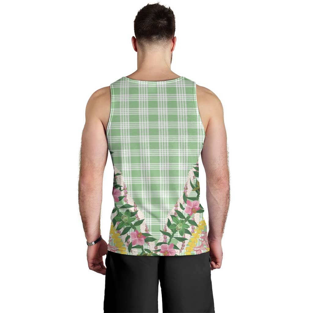Hawaii Pikake Lokelani Plumeria Lei Men Tank Top Green Palaka Motifs