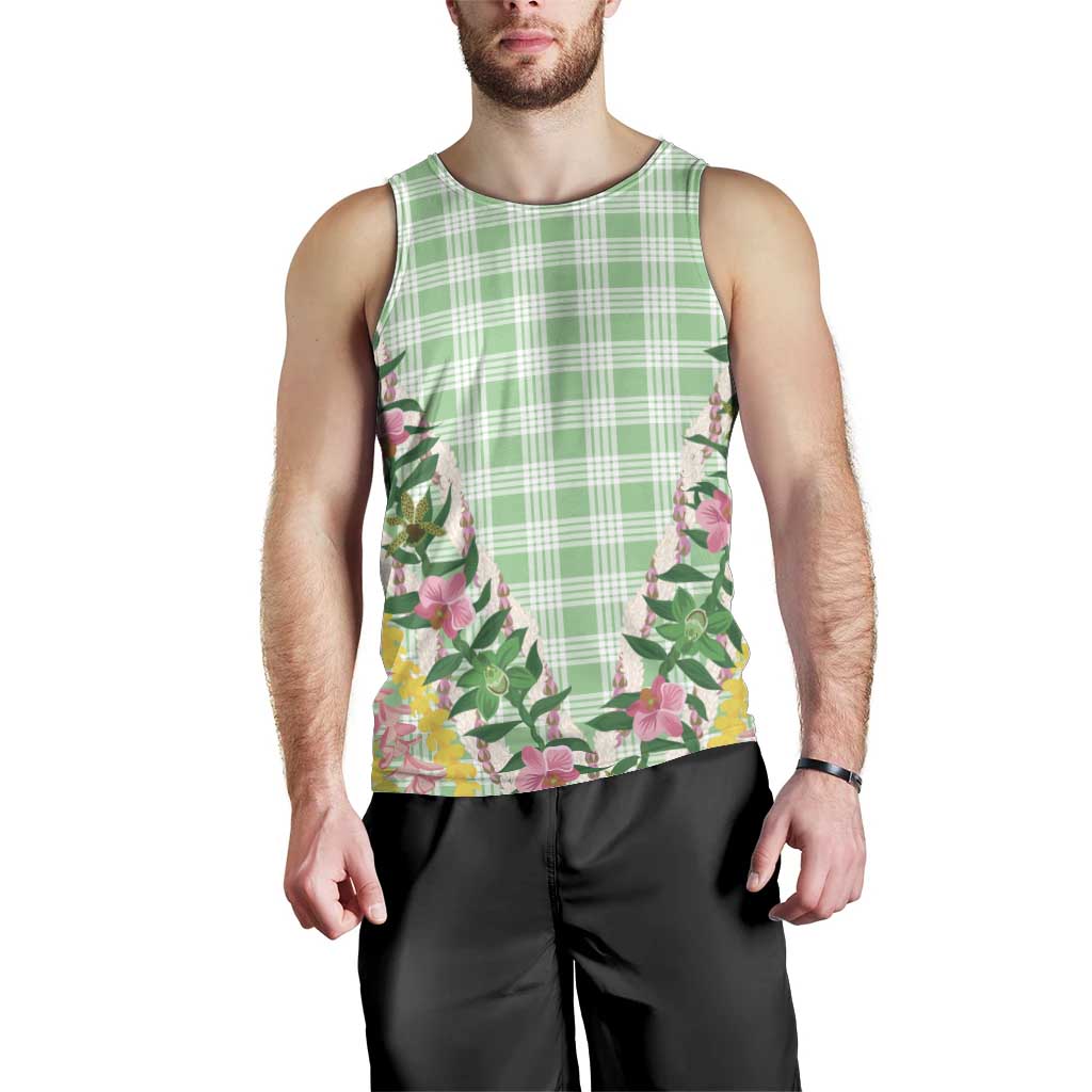 Hawaii Pikake Lokelani Plumeria Lei Men Tank Top Green Palaka Motifs