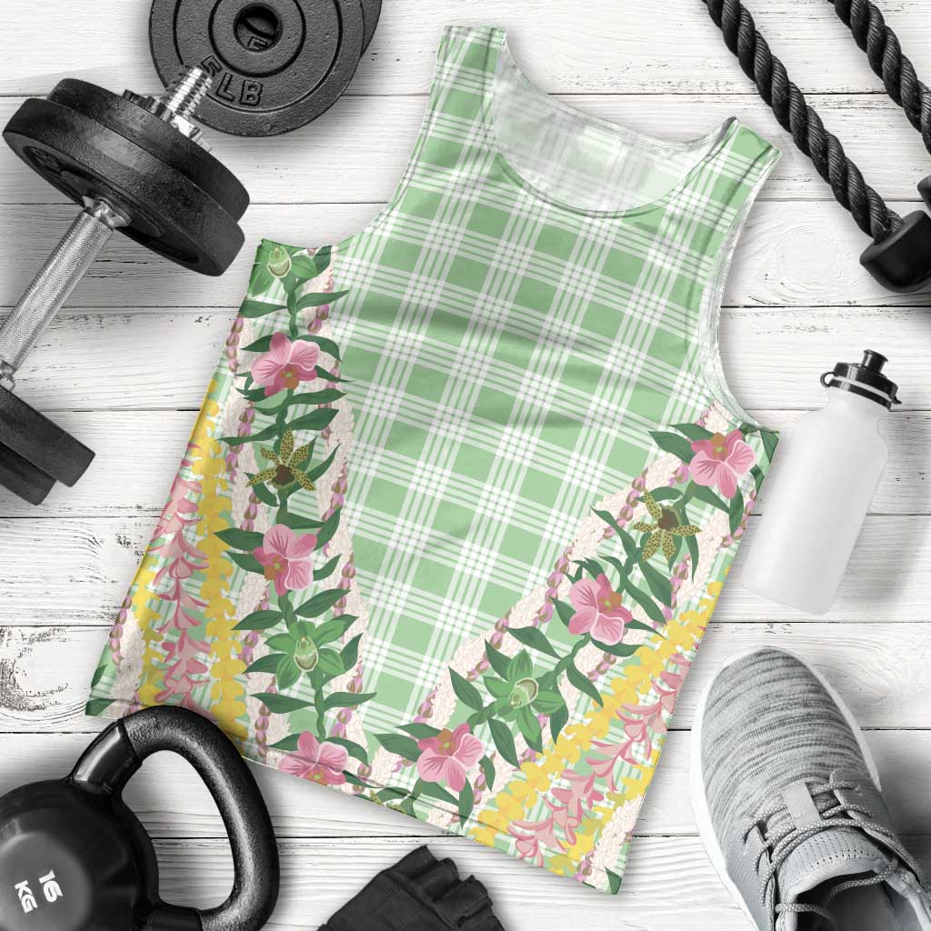 Hawaii Pikake Lokelani Plumeria Lei Men Tank Top Green Palaka Motifs