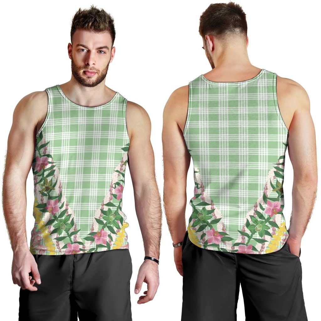 Hawaii Pikake Lokelani Plumeria Lei Men Tank Top Green Palaka Motifs
