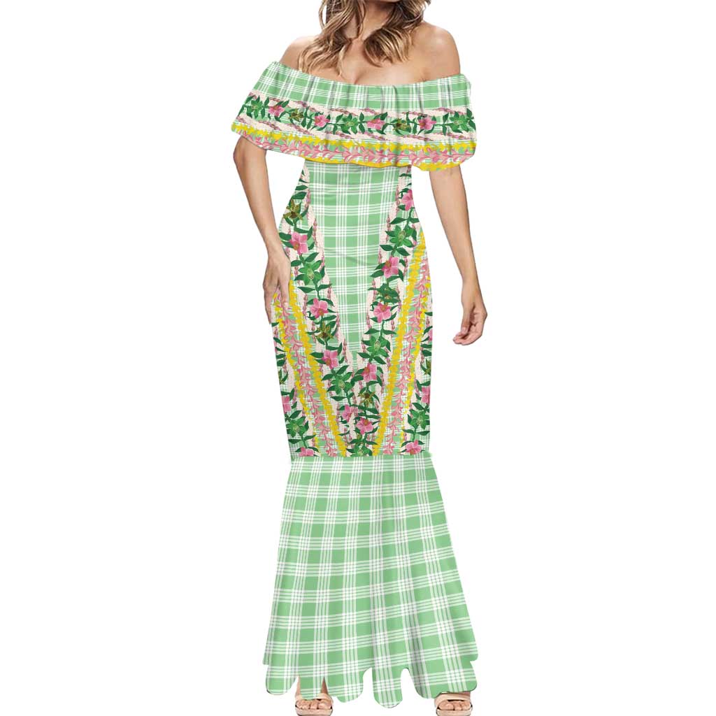 Hawaii Pikake Lokelani Plumeria Lei Mermaid Dress Green Palaka Motifs LT05 - Polynesian Pride
