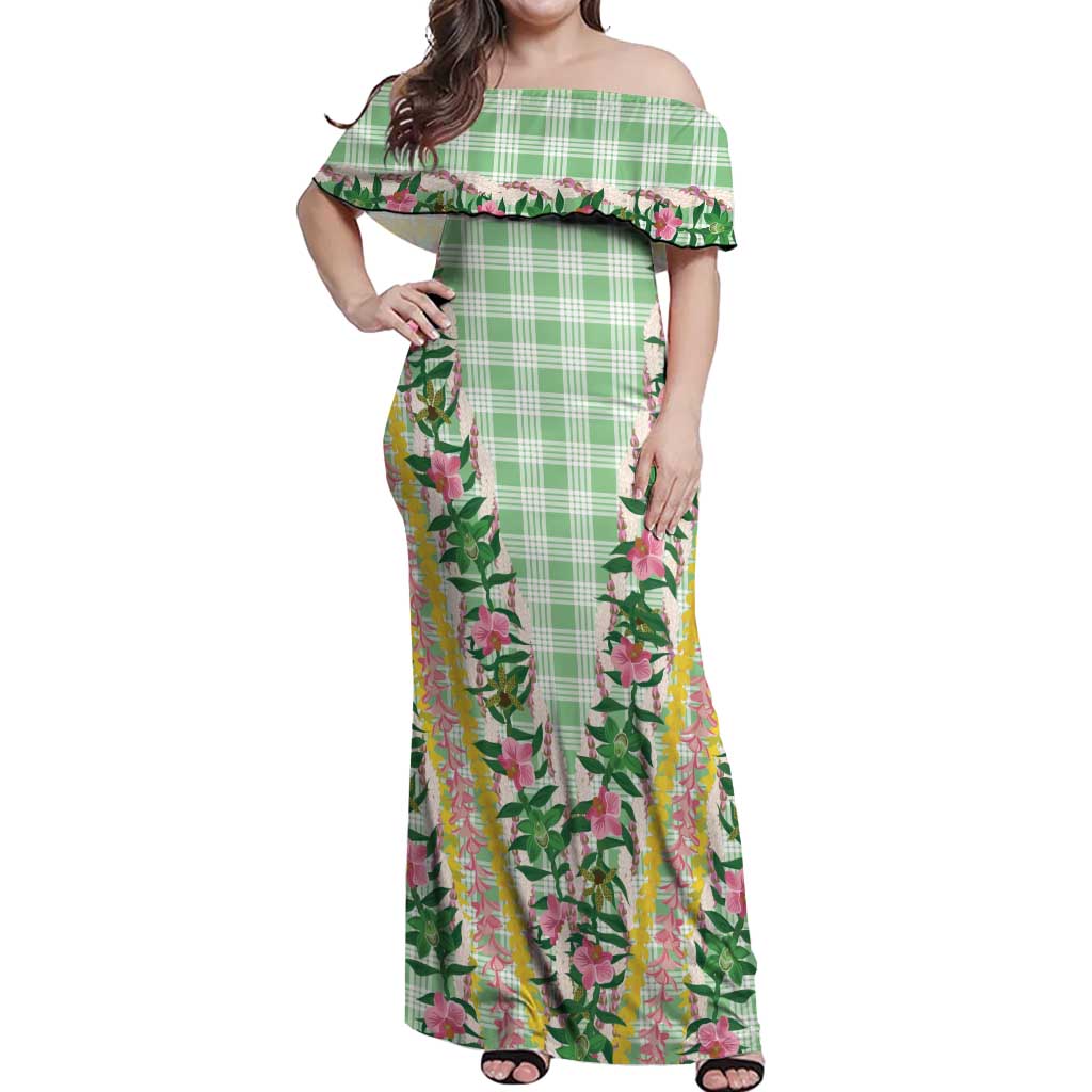 Hawaii Pikake Lokelani Plumeria Lei Off Shoulder Maxi Dress Green Palaka Motifs