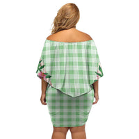 Hawaii Pikake Lokelani Plumeria Lei Off Shoulder Short Dress Green Palaka Motifs LT05 - Polynesian Pride