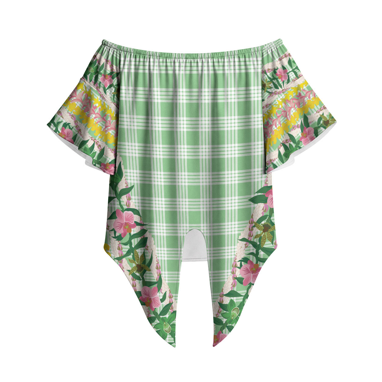 Hawaii Pikake Lokelani Plumeria Lei Off Shoulder Wrap Waist Top Green Palaka Motifs LT05 Green - Polynesian Pride