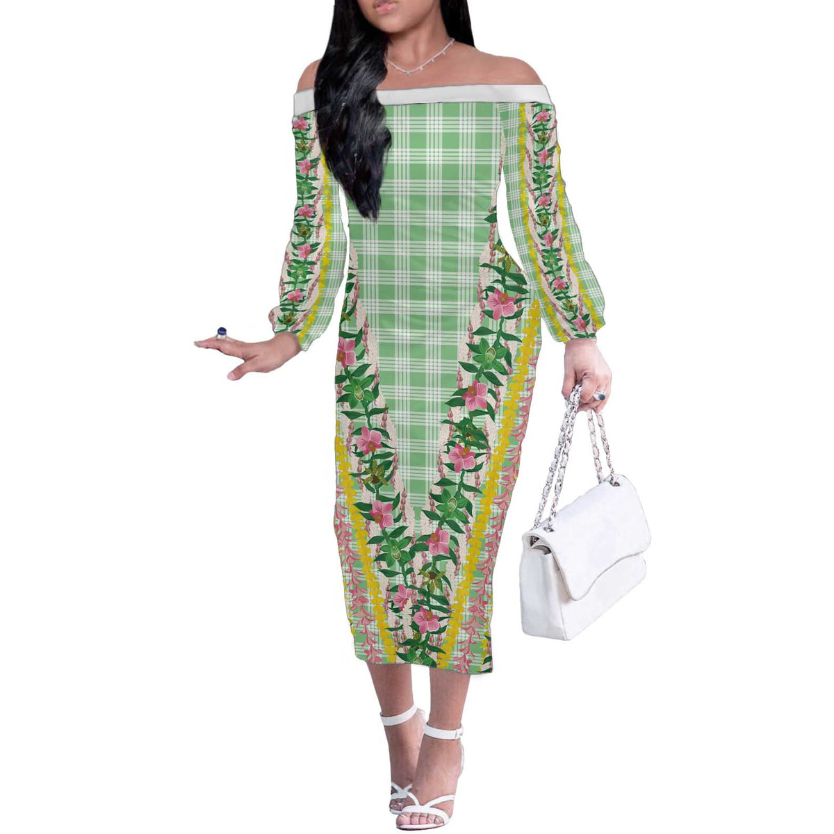 Hawaii Pikake Lokelani Plumeria Lei Off The Shoulder Long Sleeve Dress Green Palaka Motifs LT05 Women Green - Polynesian Pride