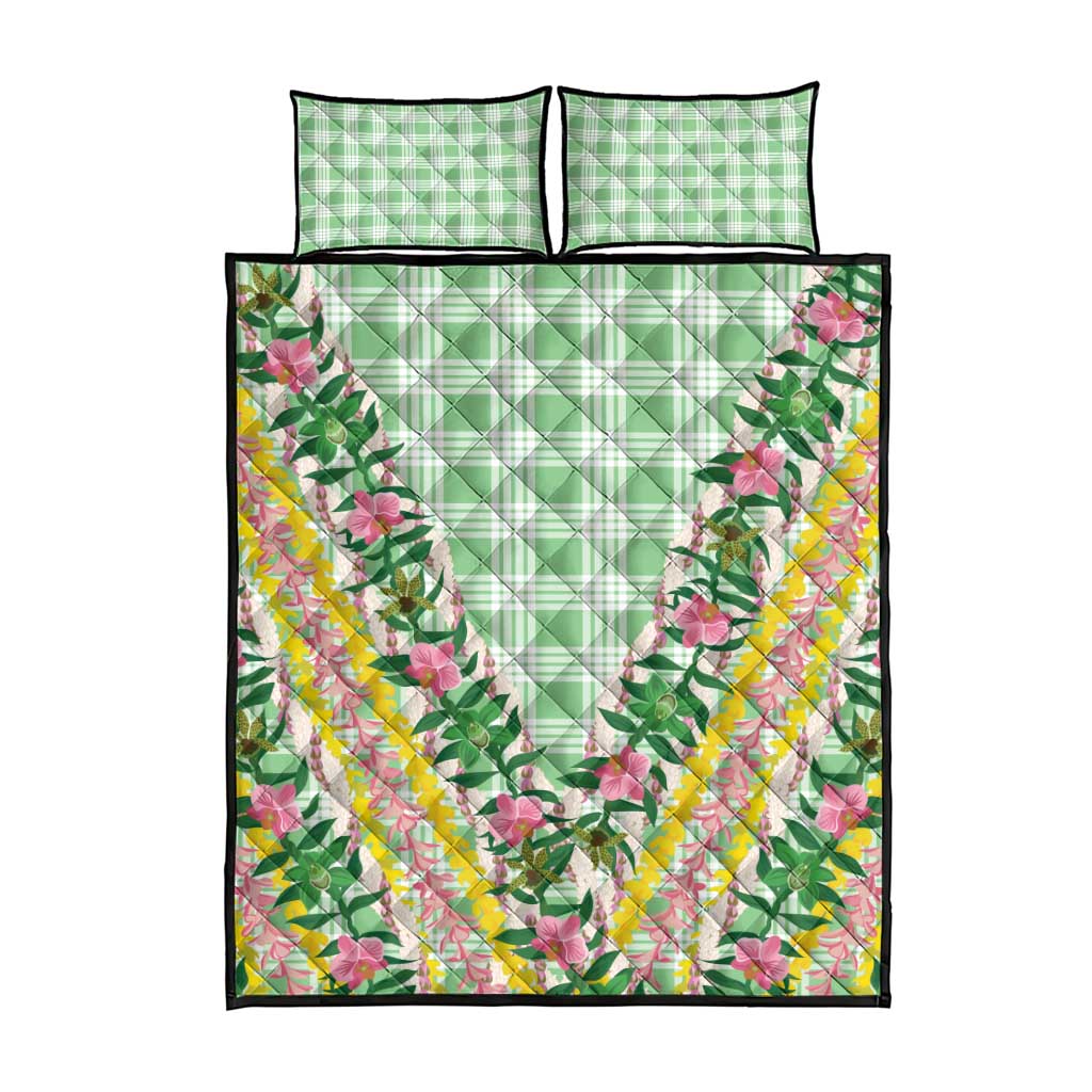 Hawaii Pikake Lokelani Plumeria Lei Quilt Bed Set Green Palaka Motifs