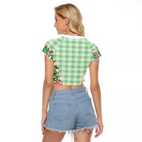 Hawaii Pikake Lokelani Plumeria Lei Raglan Cropped T Shirt Green Palaka Motifs LT05 - Polynesian Pride