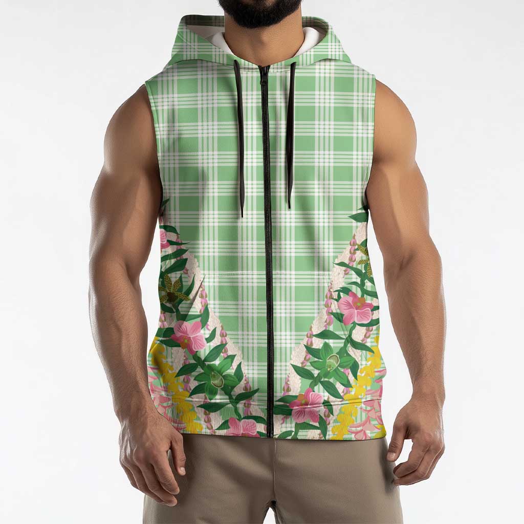 Hawaii Pikake Lokelani Plumeria Lei Sleeveless Zip Hoodie Green Palaka Motifs LT05 - Polynesian Pride