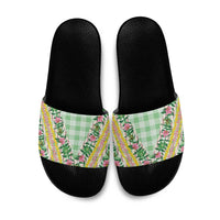 Hawaii Pikake Lokelani Plumeria Lei Slide Sandals Green Palaka Motifs