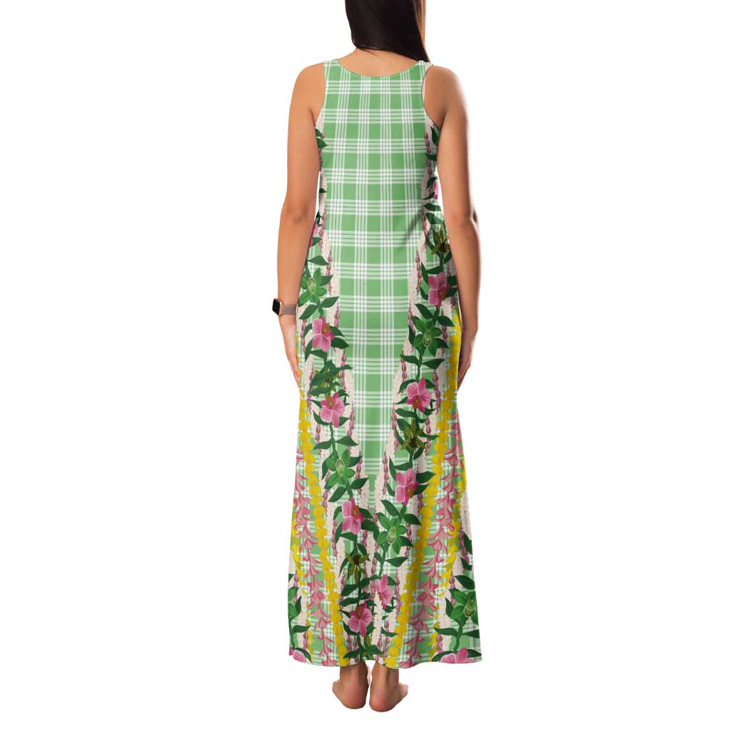 Hawaii Pikake Lokelani Plumeria Lei Tank Maxi Dress Green Palaka Motifs LT05 - Polynesian Pride