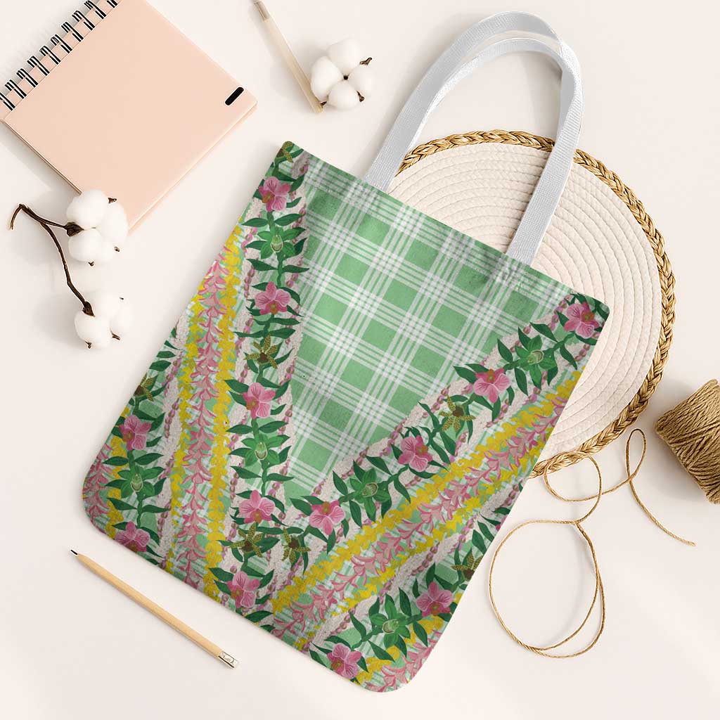Hawaii Pikake Lokelani Plumeria Lei Tote Bag Green Palaka Motifs