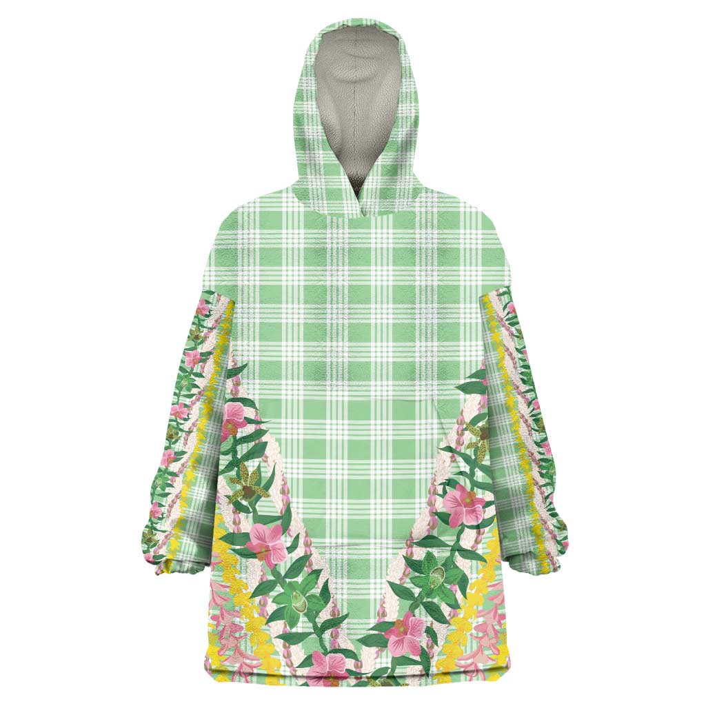Hawaii Pikake Lokelani Plumeria Lei Wearable Blanket Hoodie Green Palaka Motifs LT05 One Size Green - Polynesian Pride