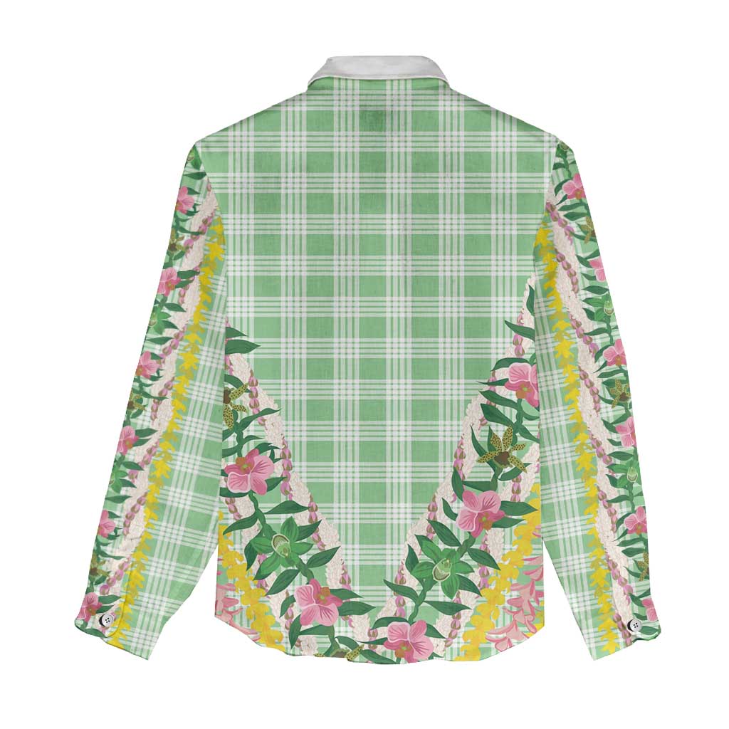 Hawaii Pikake Lokelani Plumeria Lei Women Casual Shirt Green Palaka Motifs LT05 - Polynesian Pride