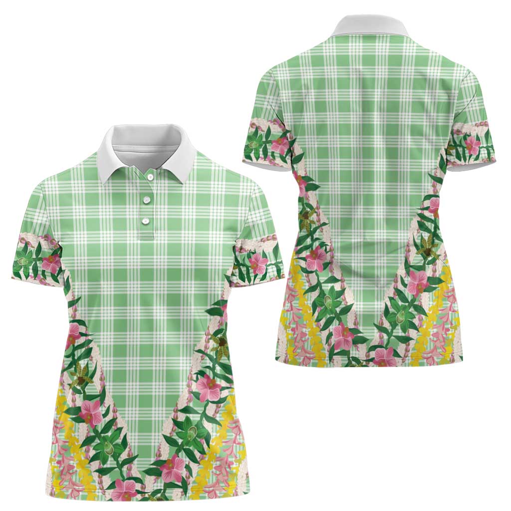 Hawaii Pikake Lokelani Plumeria Lei Women Polo Shirt Green Palaka Motifs LT05 - Polynesian Pride