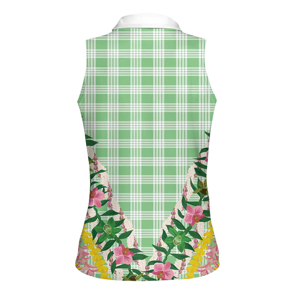 Hawaii Pikake Lokelani Plumeria Lei Women Sleeveless Polo Shirt Green Palaka Motifs LT05 - Polynesian Pride