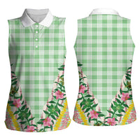 Hawaii Pikake Lokelani Plumeria Lei Women Sleeveless Polo Shirt Green Palaka Motifs LT05 - Polynesian Pride